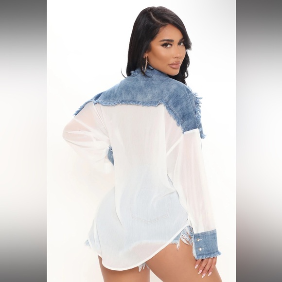 Denim and White Frayed Women's Top - Picture 4 of 5